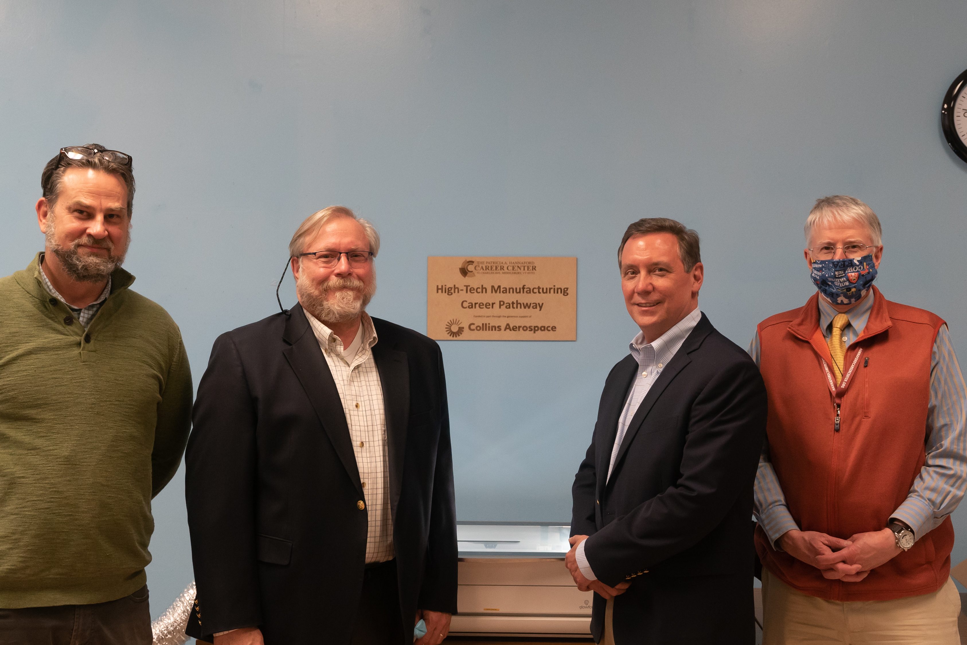 ROB BIRMINGHAM, ASSOCIATE director for Missile Systems at Collins Aerospace in Vergennes, on Monday visited the Hannaford Career Center to talk about Collins’ support for worker training in Addison County. Pictured are, from left, are David Roberts of the career center, Addison County Economic Development Corp. Executive Director Fred Kenney, Birmingham, and Career Center Director Dana Peterson. Photo credit: Demetrius Borge, ACEDC