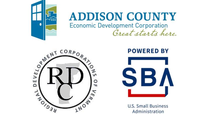 Logos for the Addison County Economic Development Corporation, Regional Development Corporations of Vermont, and US Small Business Administration