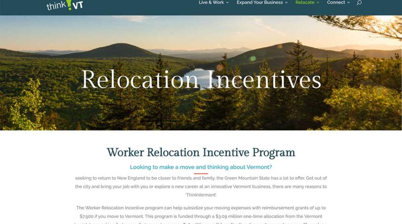 Screen shot of ThinkVermont relocation incentive program web page