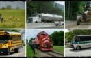 a collage of six photos of diesel vehicles including a tractor, a fuel truck, a school bus, a road grader, a train and a charter bus