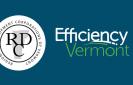 Regional Development Corporations of Vermont logo and Efficiency Vermont logo on a dark blue background